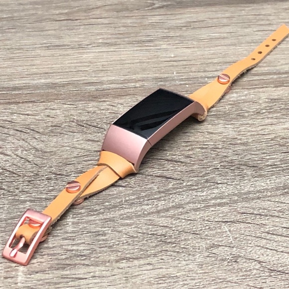 Slim Tan Leather Strap Rose Gold Charge 4 Bracelet - Picture 5 of 7